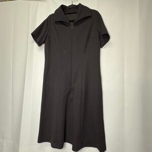 Vintage Black Midi Dress Short Sleeve‎ Full Zip Front Goth Wednesday Addams 60s